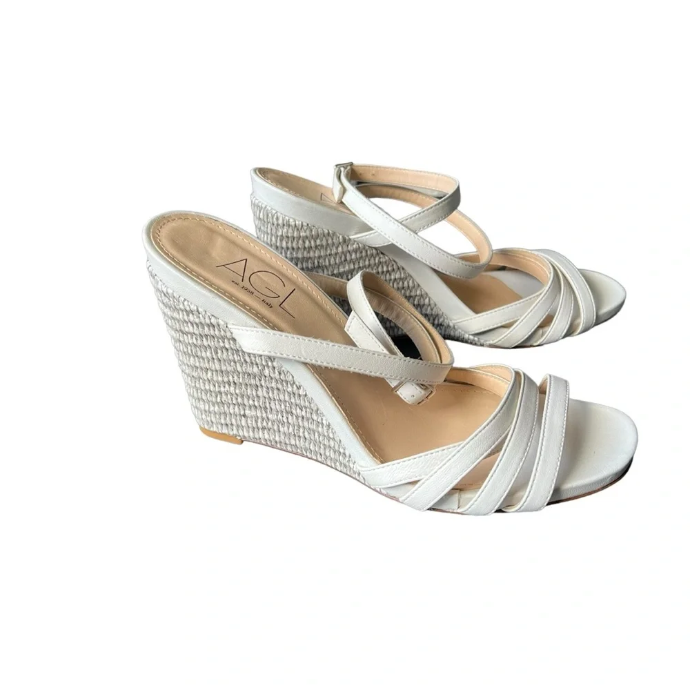Agl Shoes Dora White Leather Ankle Strap Raffia Wedge Heel Sandals Women’s SZ 10